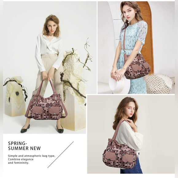 NWT!! Women's Pink and Black Designer Leopard Leather Crossbody Shoulder Handbag - Picture 4 of 7